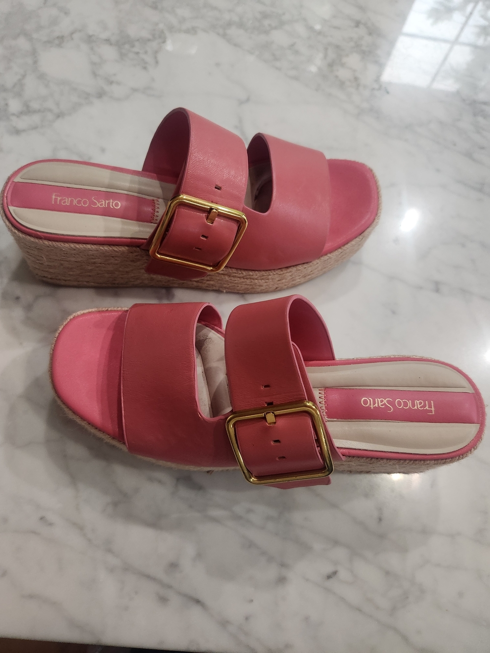 Franco Sarto Pink Dual Strap Platform Slides with Gold Buckle, Barely Worn - Picture 4 of 4